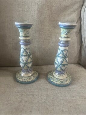 Jena Hall  Floral Designed Ceramic Candlestick Holders by H.F.P. MACAU